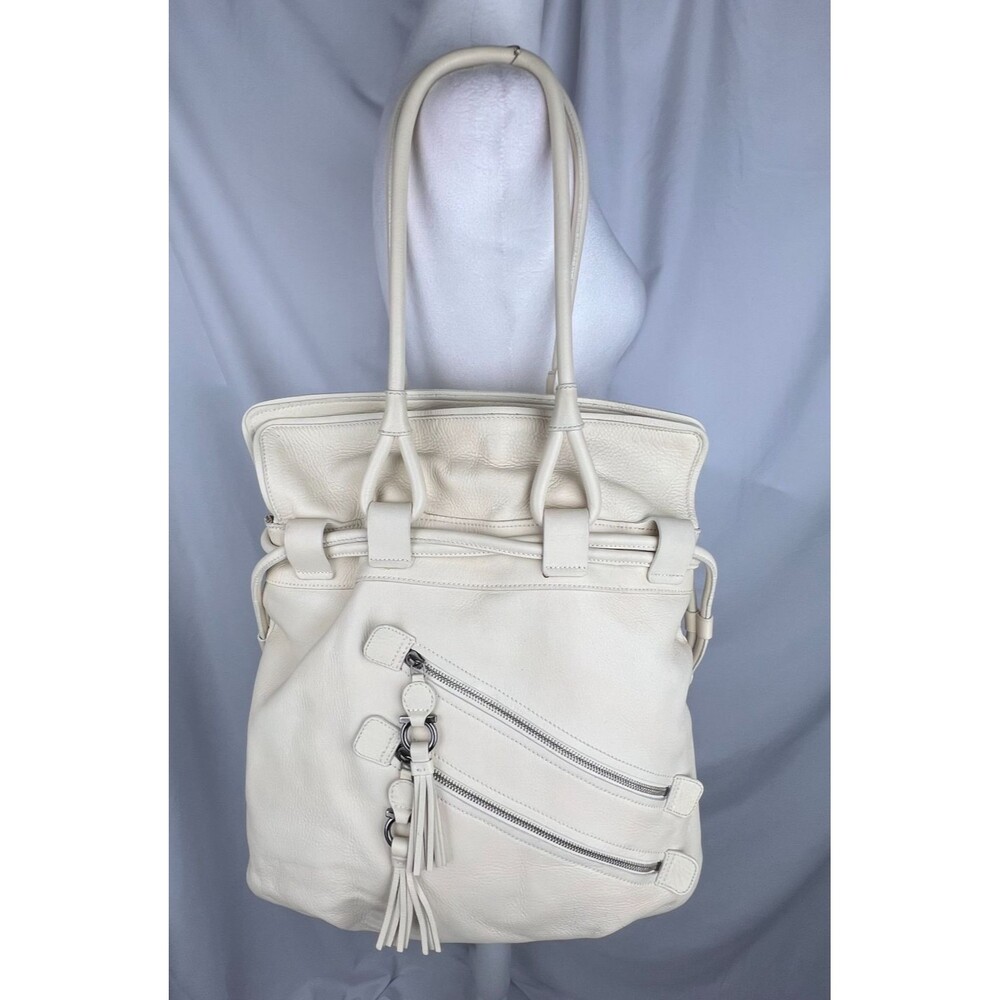 SALVATORE FERRAGAMO Leather Tote Bag Ivory Cream Cinch Tassel Made Italy